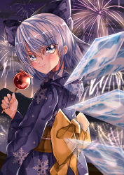 Rule 34 | 1girl, absurdres, back bow, blue bow, blue eyes, blue hair, blue kimono, blue nails, bow, cirno, closed mouth, commentary request, detached wings, fireworks, food, from below, hair between eyes, hair bow, highres, holding, holding food, ice, ice wings, japanese clothes, kimono, looking at viewer, looking back, mahoro (minase mahoro), nail polish, night, outdoors, print kimono, short hair, smile, snowflake print, solo, touhou, wings, yellow bow