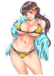Rule 34 | 1girl, :p, absurdres, bare shoulders, bikini, blush, breasts, brown hair, cleavage, collarbone, hair ornament, hairclip, highres, hip focus, large breasts, light smile, long hair, looking at viewer, open clothes, open shirt, raised eyebrows, red eyes, shigaoka, shirt, simple background, skindentation, solo, swimsuit, thick thighs, thighs, tongue, tongue out, white background, yellow bikini