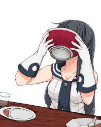 Rule 34 | 1girl, agano (kancolle), black hair, black necktie, black sailor collar, breasts, cleavage, commentary request, counter, covering face, curry, curry rice, eating, food, gloves, highres, kantai collection, large breasts, long hair, necktie, rice, sailor collar, school uniform, serafuku, shirt, simple background, sleeveless, sleeveless shirt, solo, takasugi heppu, upper body, white background, white gloves