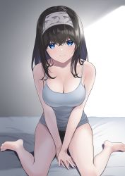 Rule 34 | 1girl, bare arms, bare legs, bare shoulders, barefoot, blue eyes, breasts, cleavage, closed mouth, commentary, crossed bangs, facing viewer, full body, gokome, hair between eyes, hair ornament, highres, idolmaster, idolmaster cinderella girls, knees out of frame, long hair, looking at viewer, medium breasts, sagisawa fumika, shadow, simple background, sitting, sleeveless, smile, solo, tank top