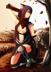 Rule 34 | 1girl, animal ears, arm guards, arm up, assassin (ragnarok online), autumn, autumn leaves, bare tree, black dress, black gloves, black socks, breasts, brown cape, cape, cat ears, cleavage, closed mouth, dress, elbow gloves, expressionless, falling leaves, gloves, grass, green eyes, hair between eyes, kanzuki yuu, kneehighs, leaf, long hair, medium breasts, navel, on one knee, outdoors, planted, planted sword, planted weapon, ragnarok online, sky, socks, solo, sword, torn clothes, torn dress, tree, very long hair, weapon, white sky