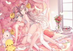 Rule 34 | 2girls, :o, ahoge, animal ears, artist name, ass, babydoll, bare shoulders, bed, bed sheet, bedroom, blue eyes, blush, bow, bra, breasts, closed mouth, collarbone, curled horns, daefny, feathers, fishnet legwear, fishnets, flat chest, flower, frilled bra, frilled skirt, frills, from behind, green eyes, hair between eyes, hair bow, high heels, highres, horns, indoors, lace, lace-trimmed legwear, lace trim, long hair, looking at viewer, looking back, microskirt, multiple girls, on bed, open mouth, original, panties, pillow, pink babydoll, pink bow, pink flower, pink rose, plant, potted plant, red flower, red rose, rose, sheep ears, sheep girl, sheep horns, shoulder blades, silver hair, sitting, skirt, small breasts, smile, stuffed animal, stuffed sheep, stuffed toy, thighhighs, thighs, underwear, white bra, white footwear, white legwear, white panties, window