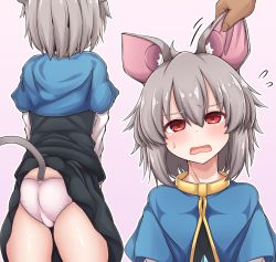 Rule 34 | 1girl, animal ears, ass, blush, cat ears, cat tail, clothes lift, disembodied hand, fangs, flat ass, from behind, grey background, hair between eyes, highres, nazrin, open mouth, panties, pink panties, red eyes, short hair, siw0n, skirt, skirt lift, sweatdrop, tagme, tail, touhou, underwear