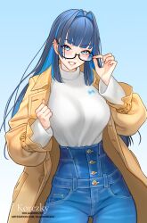Rule 34 | 1girl, absurdres, blue eyes, blue hair, breasts, coat, denim, earrings, glasses, highres, hololive, hololive english, jeans, jewelry, large breasts, multicolored hair, olga korezky, open clothes, open coat, ouro kronii, ouro kronii (casual), pants, solo, two-tone hair, virtual youtuber