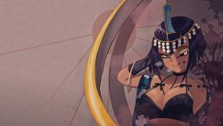Rule 34 | 1girl, black hair, black sclera, blue eyes, bob cut, bra, breasts, cleavage, colored sclera, elbow gloves, eliza (skullgirls), gloves, heterochromia, highres, large breasts, licking lips, lingerie, rank alee, sekhmet (skullgirls), short hair, skullgirls, smile, solo, third-party edit, tiara, tongue, tongue out, underwear, upper body, wallpaper, yellow eyes