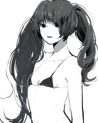 Rule 34 | 10s, 1girl, bad id, bad pixiv id, bikini, bikini top only, black rock shooter, black rock shooter (character), female focus, flat chest, greyscale, kawai makoto, long hair, lowres, monochrome, navel, simple background, sketch, solo, swimsuit, twintails, uneven twintails, very long hair, white background