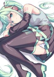 Rule 34 | 1girl, absurdres, bare shoulders, black skirt, boots, commentary request, detached sleeves, green eyes, green hair, hair ornament, hatsune miku, headphones, highres, kurobikari, light smile, looking at viewer, lying, number tattoo, on side, panties, pleated skirt, shirt, simple background, skirt, sleeveless, sleeveless shirt, solo, tattoo, thigh boots, twintails, underwear, vocaloid, white background, white panties