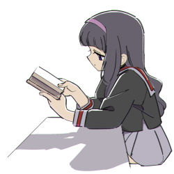 Rule 34 | 1girl, backlighting, black hair, black shirt, blouse, blunt bangs, book, cardcaptor sakura, chromatic aberration, closed mouth, daidouji tomoyo, elbow rest, eyelashes, from side, hairband, half-closed eyes, hands up, highres, holding, holding book, light frown, long hair, long sleeves, nnn-ollll, open book, pleated skirt, profile, puffy long sleeves, puffy sleeves, purple eyes, purple hairband, reading, sailor collar, school uniform, serafuku, shade, shadow, shirt, sideways mouth, simple background, sitting, skirt, sleeve cuffs, solo, tomoeda elementary school uniform, white background, white skirt