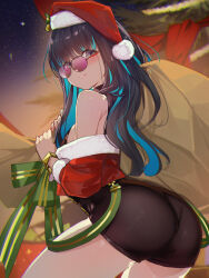 Rule 34 | 1girl, absurdres, ass, bare shoulders, black hair, blue hair, breasts, colored inner hair, eyeliner, fate/grand order, fate (series), grey eyes, highres, long hair, looking at viewer, looking back, makeup, multicolored hair, off shoulder, round eyewear, sidelocks, small breasts, solo, sunglasses, tenochtitlan (fate), thighs, ura illust
