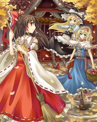 Rule 34 | 3girls, alice margatroid, autumn, bare shoulders, basket, blonde hair, blue eyes, book, boots, braid, broom, broom riding, brown hair, capelet, cross-laced footwear, detached sleeves, female focus, frills, grimoire, grimoire of alice, hairband, hakurei reimu, hat, highres, holding, japanese clothes, kirisame marisa, lace-up boots, leaf, long hair, miko, multiple girls, mushroom, open mouth, red eyes, ribbon, rope, shide, shimenawa, short hair, shrine, smile, standing, tassel, touhou, vetina, wide sleeves, witch, witch hat, yellow eyes