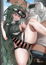 Rule 34 | 1boy, 1girl, against wall, alternate breast size, antenna hair, artist name, azur lane, bar censor, black one-piece swimsuit, blush, breasts, censored, clothes pull, clothing aside, dark green hair, diving mask, diving mask on head, goggles, goggles on head, heart, heavy breathing, hetero, highres, huge penis, imminent penetration, large breasts, leg up, long hair, looking at penis, one-piece swimsuit, open mouth, pants, pants pull, penis, pussy, red eyes, sex, shortstack, smile, solo focus, split, spread legs, standing, standing sex, swimsuit, swimsuit aside, tnolize, torricelli (azur lane), trembling, vaginal, very long hair, wavy mouth