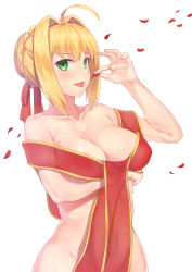 Rule 34 | 1girl, ahoge, areola slip, arm up, bare shoulders, blonde hair, blush, braid, breast hold, breasts, cleavage, collarbone, covered navel, falling petals, fate (series), fingernails, french braid, green eyes, groin, hair between eyes, hair bun, hair intakes, hair ribbon, highres, holding, large breasts, looking at viewer, naked ribbon, nero claudius (fate), nero claudius (fate) (all), nero claudius (fate/extra), official alternate costume, petals, red ribbon, ribbon, rose petals, ryouya, see-through, shiny skin, short hair, sidelocks, sideways glance, simple background, single hair bun, solo, standing, tongue, tongue out, v-shaped eyebrows, v-shaped eyes, white background