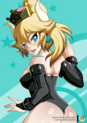 Rule 34 | 1girl, ass, bare shoulders, black leotard, blonde hair, blue eyes, blush, bowsette, breasts, crown, horns, jewelry, large breasts, leotard, long hair, looking at viewer, looking back, mario (series), mitgard-knight, monster girl, new super mario bros. u deluxe, nintendo, open mouth, pointy ears, ponytail, smile, solo, strapless, strapless leotard, super crown, super mario bros. 1, white horns
