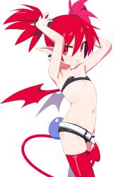 Rule 34 | 1girl, absurdres, demon girl, demon tail, demon wings, disgaea, earrings, etna (disgaea), flat chest, full body, hair ornament, highres, jewelry, jiryu50610218, looking at viewer, makai senki disgaea, medium hair, pointy ears, prinny, red eyes, red hair, red thighhighs, red wings, simple background, skindentation, skull earrings, solo, stomach, tail, thighhighs, twintails, white background, wings