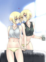 Rule 34 | 2girls, blonde hair, blue eyes, crop top, cup, erica hartmann, gertrud barkhorn, glasses, holding hands, mug, multiple girls, navel, panties, satou atsuki, short hair, siblings, sisters, smile, strike witches, strike witches: suomus misfits squadron, twins, underwear, ursula hartmann, world witches series, yuri