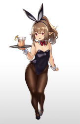 Rule 34 | 1girl, animal ears, black leotard, black scrunchie, bow, bowtie, breasts, brown hair, brown pantyhose, covered navel, detached collar, elf, fake animal ears, food, fruit, full body, glass, gradient background, grey background, hair ornament, hair scrunchie, hairband, highres, holding, houtengeki, lemon, lemon slice, leotard, long hair, looking at viewer, original, pantyhose, parted lips, playboy bunny, pointy ears, ponytail, purple footwear, rabbit ears, red bow, red bowtie, red eyes, scrunchie, shoes, side-tie leotard, small breasts, solo, tray, wing collar, wrist cuffs
