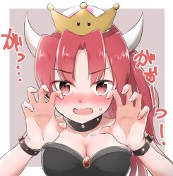 Rule 34 | 1girl, armlet, bare shoulders, black collar, black dress, blush, bowsette, bowsette (cosplay), bracelet, breasts, brooch, claw pose, cleavage, collar, collarbone, cosplay, crown, dress, embarrassed, eyebrows, fangs, female focus, hair intakes, hard-translated, highres, horns, jewelry, large breasts, long hair, looking at viewer, mahou shoujo madoka magica, mahou shoujo madoka magica (anime), mario (series), nintendo, open mouth, outside border, red eyes, red hair, sakura kyoko, simple background, solo, spiked armlet, spiked bracelet, spiked collar, spikes, strapless, strapless dress, super crown, sweat, sweatdrop, third-party edit, upper body