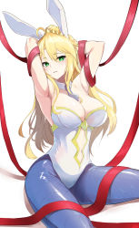 Rule 34 | 1girl, ahoge, armpits, arms behind head, arms up, artoria pendragon (all), artoria pendragon (fate), artoria pendragon (lancer) (fate), artoria pendragon (swimsuit ruler) (fate), bare arms, bare shoulders, between breasts, blonde hair, blue necktie, blue pantyhose, breasts, cleavage, commentary, constricted pupils, detached collar, english commentary, fate/grand order, fate (series), fishnet pantyhose, fishnets, forehead, green eyes, highres, large breasts, leotard, long hair, looking at viewer, necktie, necktie between breasts, official alternate costume, pantyhose, parted bangs, parted lips, playboy bunny, red ribbon, ribbon, shiny clothes, solo, spread legs, strapless, strapless leotard, thighs, white leotard, yuuge ningen