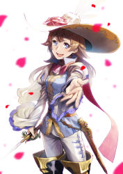 Rule 34 | &gt;:d, 10s, 1girl, :d, ange (granblue fantasy), black footwear, blue eyes, blurry, boots, brown hair, depth of field, flower, granblue fantasy, hat, hat feather, hat flower, highres, long hair, long sleeves, looking at viewer, open mouth, outstretched arm, pants, petals, pink flower, pink rose, rapier, reverse trap, rose, simple background, smile, solo, sword, thigh boots, thighhighs, tsurusaki yuu, v-shaped eyebrows, weapon, white background, white pants
