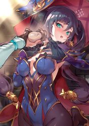 Rule 34 | 2girls, aqua eyes, black gloves, black hair, black legwear, blue headwear, blue leotard, blush, breasts, cleavage, covered navel, flying sweatdrops, genshin impact, gloves, hat, highleg, highleg leotard, highres, leotard, long hair, looking at viewer, lumine (genshin impact), medium breasts, mona (genshin impact), multiple girls, mushroom, open mouth, pantyhose, sexually suggestive, solo focus, super zombie, tearing up, twintails, very long hair, witch hat