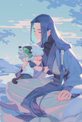 Rule 34 | 2boys, animal ears, blue hair, cat boy, cat ears, cat tail, child, closed eyes, height difference, highres, long hair, long sleeves, luo xiaohei, luo xiaohei (human), luo xiaohei zhanji, multiple boys, short hair, short sleeves, smile, suncle, tail, very long hair, white hair, wuxian (the legend of luoxiaohei)