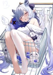 Rule 34 | 1girl, absurdres, angel wings, barefoot, blush, bow, closed eyes, demon wings, drooling, feet, grey hair, hair ribbon, highres, horns, hug, in shopping cart, long hair, multicolored hair, nahaki, no shoes, hugging object, off shoulder, open mouth, original, pointy ears, purple hair, revision, ribbon, saliva, see-through, see-through legwear, shadow, shopping cart, single thighhigh, sleeping, solo, stuffed toy, thighhighs, thighs, toes, twintails, two-tone hair, very long hair, white thighhighs, wings
