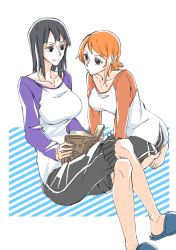Rule 34 | 2girls, :/, arm support, barefoot, black eyes, black hair, book, brown eyes, casual, closed mouth, collarbone, crossed legs, futo (hbnn328), holding, holding book, kneeling, knees, long sleeves, looking at another, medium hair, multiple girls, nami (one piece), nico robin, one piece, open book, orange hair, raglan sleeves, reading, shirt, shorts, sitting, slippers, smile, swept bangs, toes