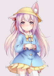 Rule 34 | 1girl, animal ears, azur lane, blush, buttons, cat ears, closed mouth, commentary request, ears through headwear, frown, grey background, hair ribbon, hat, highres, kindergarten uniform, kisaragi (azur lane), long hair, long sleeves, looking at viewer, miniskirt, motion lines, one side up, own hands together, pink hair, pleated skirt, purple eyes, red ribbon, ribbon, sad, school hat, simple background, skirt, sody, solo, tearing up, tears, thighhighs, trembling, very long hair, white thighhighs, yellow hat, yellow neckwear, yellow skirt, zettai ryouiki