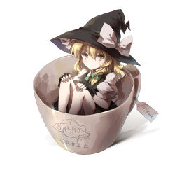 Rule 34 | 1girl, black dress, black gloves, blonde hair, bow, braid, commentary request, cup, dena.ei, dress, fingerless gloves, gloves, hands on own knees, hat, hat bow, highres, in container, in cup, kirisame marisa, looking at viewer, mini person, minigirl, price tag, puffy short sleeves, puffy sleeves, short sleeves, simple background, single braid, sitting, solo, touhou, witch hat, yellow eyes, ze (phrase)