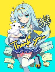 Rule 34 | 1girl, absurdres, aqua hair, blue bow, blue footwear, blue skirt, blunt bangs, bow, brooch, commission, cropped legs, curly hair, detached sleeves, frilled shirt, frilled skirt, frills, gloves, gradient hair, green hair, hair ornament, headband, highres, idol clothes, jelly hoshiumi, jewelry, long hair, looking at viewer, multicolored hair, one eye closed, phase connect, puffy detached sleeves, puffy short sleeves, puffy sleeves, ryo (0626kk), sheep, shirt, short sleeves, sidelocks, simple background, skeb commission, skirt, stuffed animal, stuffed toy, thighhighs, two-tone hair, very long hair, virtual youtuber, white gloves, white shirt, white thighhighs, yellow bow, yellow headband