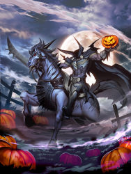 Rule 34 | 1boy, barding, cape, cloud, commentary, dullahan, epic, fence, fog, full moon, gauntlets, genzoman, grass, headless, headless horseman, high collar, holding, holding weapon, horse, jack-o&#039;-lantern, male focus, moon, official art, outdoors, outstretched arms, pumpkin, red eyes, reins, riding, saddle, sky, solforge, solo, spikes, spread arms, sword, weapon