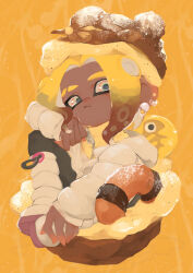 Rule 34 | 1boy, :/, black pants, blonde hair, boots, brown hair, clenched hand, closed mouth, coat, commentary request, cream puff, dark-skinned male, dark skin, earrings, egg earrings, eyebrow cut, food, food on head, golden egg, gradient hair, hand on own chin, highres, in food, jewelry, kandori makoto, knee boots, looking at viewer, male focus, medium hair, multicolored hair, multiple earrings, nintendo, object on head, octoling, octoling boy, octoling player character, pants, puffy coat, red eyes, sitting, solo, splatoon (series), splatoon 3, suction cups, sweater, tentacle hair, thick eyebrows, turtleneck, turtleneck sweater, two-tone eyes, two-tone hair, white coat, white footwear, yellow background, yellow eyes, yellow sweater, zipper, zipper pull tab