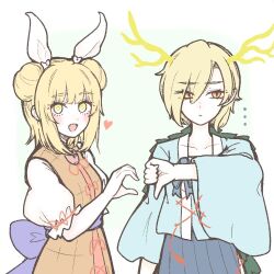Rule 34 | ..., 2girls, antlers, back bow, blonde hair, blue shirt, blue skirt, blush, bow, breasts, brown dress, closed mouth, commentary request, cowboy shot, double bun, dress, expressionless, hair bun, hair ribbon, heart, heart hands failure, horns, joutouguu mayumi, kicchou yachie, looking at viewer, medium bangs, multiple girls, open mouth, parted bangs, pointy ears, puffy short sleeves, puffy sleeves, purple bow, ribbon, shirt, shokabatsuki, short hair, short sleeves, skirt, sleeveless, sleeveless dress, slit pupils, small breasts, smile, thumbs down, touhou, waist bow, white ribbon, white shirt, wide sleeves, yellow horns