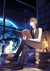 Rule 34 | 1boy, armillary sphere, black necktie, black pants, black vest, blue eyes, book, book stack, bookshelf, bow, brown hair, cat, crossed legs, full body, glasses, hair between eyes, hair bow, holding, holding book, lantern, long hair, looking outside, looking up, low ponytail, male focus, necktie, open book, original, pants, parted lips, popped collar, red bow, shirt, sitting, sitting on books, sky, sleeves rolled up, solo, srb7606, star (sky), starry sky, vest, white cat, white shirt, window