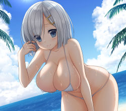 Rule 34 | 1girl, beach, bikini, blue eyes, blush, breasts, cleavage, closed mouth, cloud, cloudy sky, day, hair ornament, hairclip, hamakaze (kancolle), kantai collection, large breasts, looking at viewer, lowres, nagiyamasugi, short hair, silver hair, sky, smile, solo, sun, swimsuit, thighs, white bikini