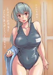 Rule 34 | 00s, 1girl, blush, breasts, brown eyes, cleavage, competition swimsuit, covered navel, hip focus, hyougintou, large breasts, looking at viewer, name tag, one-piece swimsuit, open mouth, original, rozen maiden, silver hair, smile, solo, swimsuit, towel, tsuda nanafushi