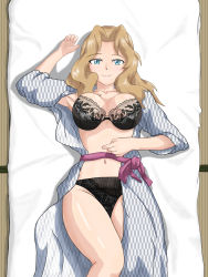 Rule 34 | 1girl, absurdres, blonde hair, blue eyes, bra, breasts, futon, girls und panzer, hand up, highres, japanese clothes, kay (girls und panzer), kimono, lace, lace-trimmed bra, lace trim, large breasts, lingerie, long hair, looking at viewer, lying, navel, on back, open clothes, open kimono, solo, tatami, underwear, yagiyama hituzi