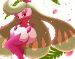 Rule 34 | 1girl, cherry blossoms, creatures (company), crown, eyelashes, full body, game freak, gen 7 pokemon, half-closed eyes, leaf, legs, long hair, maiko (mimi), makeup, mascara, mini crown, monster girl, nintendo, plant girl, pokemon, pokemon (creature), pokemon sm, purple eyes, purple thighhighs, simple background, skirt, solo, standing, swept bangs, thighhighs, tri tails, tsareena, very long hair, white background