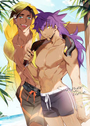 Rule 34 | 2boys, :d, abs, akeno06, alternate costume, black male swimwear, black male underwear, black swim trunks, bracelet, brown hair, brown male swimwear, brown swim trunks, closed mouth, clothes writing, cloud, collarbone, commentary request, creatures (company), day, earrings, game freak, green eyes, highres, holding, holding towel, jewelry, leon (pokemon), looking at viewer, male focus, male swimwear, male underwear, male underwear peek, male underwear writing, multiple boys, navel, necklace, nintendo, open mouth, outdoors, pectorals, pokemon, pokemon swsh, raihan (pokemon), short hair, sky, smile, summer, sweat, swim trunks, swimsuit, teeth, tongue, topless male, towel, towel around neck, undercut, underwear, underwear peek, underwear writing, upper teeth only