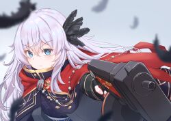 Rule 34 | 1girl, absurdres, aiming, aiming at viewer, black feathers, blue eyes, cape, fate/grand order, fate (series), feather hair ornament, feathers, fingerless gloves, fingernails, gloves, grey hair, gun, hair ornament, highres, holding, holding gun, holding weapon, long hair, lucky ckm, red cape, saika magoichi (fate), weapon