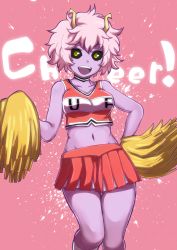 Rule 34 | 10s, 1girl, :d, ashido mina, bad id, bad twitter id, bare shoulders, black sclera, boku no hero academia, cheerleader, choker, collarbone, colored sclera, colored skin, fang, female focus, groin, highres, holding, horns, looking at viewer, miniskirt, navel, okt, open mouth, pink hair, pom pom (cheerleading), purple skin, red skirt, short hair, simple background, skirt, smile, solo, tank top, yellow eyes