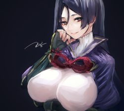 Rule 34 | 1girl, black background, blue hair, breasts, cape, fate/grand order, fate (series), female focus, fingerless gloves, gloves, kouzuki kei, large breasts, long hair, looking at viewer, minamoto no raikou (fate), purple cape, simple background, smile, solo