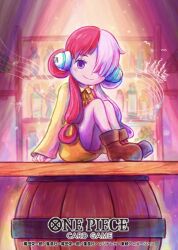 Rule 34 | 1girl, aged down, barrel, boots, brown footwear, commentary request, copyright name, dress, hair over one eye, headphones, looking at viewer, multicolored hair, official art, on table, one piece, one piece card game, one piece film: red, purple eyes, red hair, ship, smile, solo, sowsow, staff (music), table, twintails, two-tone hair, uta (one piece), watercraft, white hair, yellow dress