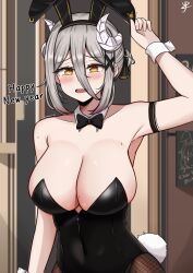 Rule 34 | 1girl, absurdres, animal ears, arm up, black bow, black bowtie, black hairband, black leotard, black pantyhose, blush, bow, bowtie, breasts, brown eyes, chinese zodiac, cleavage, collarbone, fake animal ears, fake tail, fang, fishnet pantyhose, fishnets, grey hair, hair ornament, hairband, highres, horns, large breasts, leotard, looking at viewer, open mouth, original, pantyhose, playboy bunny, rabbit ears, rabbit tail, short hair, skin fang, sleeves past wrists, smile, solo, tail, translation request, x hair ornament, year of the rabbit, yukaraishin