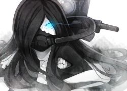 Rule 34 | 10s, 1girl, abyssal ship, black hair, blue eyes, glowing, glowing eyes, hair over one eye, hiiragi souren, ka-class submarine, kantai collection, light trail, long hair, looking at viewer, machinery, monster, oxygen mask, pale skin, solo