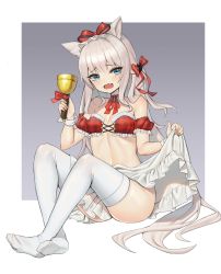 Rule 34 | 1girl, :o, absurdres, animal ears, ass, azur lane, bare shoulders, bell, blue eyes, bow, breasts, cat ears, choker, christmas, clothes lift, detached sleeves, fang, frills, hair bow, hair ribbon, hammann (azur lane), highres, holding, knees up, lifting own clothes, long hair, looking at viewer, miniskirt, navel, no shoes, open mouth, plaid, red ribbon, ribbon, ribbon choker, silver hair, sitting, skirt, skirt lift, small breasts, solo, stomach, thighhighs, two-tone background, very long hair, white skirt, white thighhighs, wrist cuffs, xi xeong
