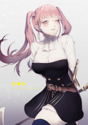 Rule 34 | 1girl, akaneg6, axe, belt, blue thighhighs, breasts, female focus, fire emblem, fire emblem: three houses, garreg mach monastery uniform, grey background, highres, hilda valentine goneril, holding, holding axe, large breasts, long hair, matching hair/eyes, nintendo, one eye closed, pink eyes, pink hair, sheath, sheathed, simple background, smile, solo, sword, thighhighs, thighs, twintails, uniform, weapon, wink, zettai ryouiki