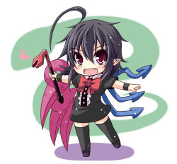Rule 34 | 1girl, ahoge, asymmetrical wings, black dress, black hair, black thighhighs, bow, chibi, crowbar, dress, fang, female focus, holding, holding crowbar, houjuu nue, huge ahoge, ichimi, looking at viewer, open mouth, outstretched arms, pointy ears, red eyes, short sleeves, smile, snake, solo, thighhighs, touhou, wings, wristband, zettai ryouiki