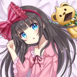 Rule 34 | 1girl, :o, bed sheet, bell, black hair, blue eyes, blush, bow, dress, drooling, frilled dress, frills, hair bow, hairband, hand up, liselotte (shironeko project), long hair, looking at viewer, lying, on back, pink dress, shironeko project, solo, stuffed animal, stuffed toy, sunameri (pixiv3564245), teddy bear, zzz