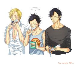 Rule 34 | 3boys, male focus, monkey d. luffy, multiple boys, one piece, portgas d. ace, sabo (one piece), saliva, shaving, simple background, toothbrush, toothpaste